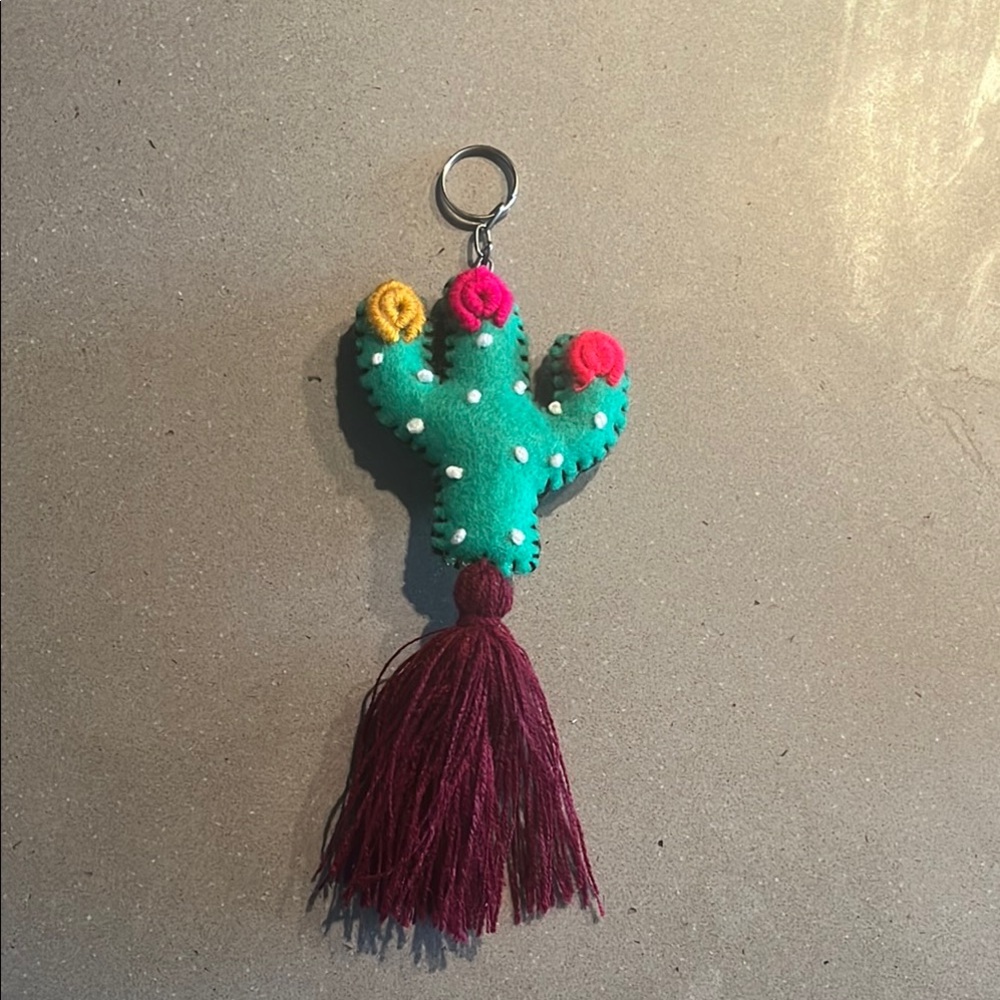 Handmade Colorful Green Cactus Keychain with Tassel